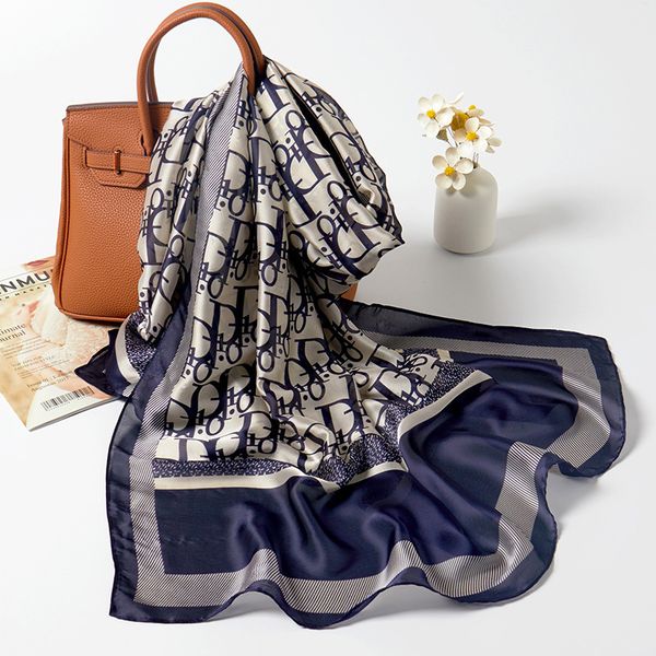 

fashion scarf thin spring and summer tourism beach towel sunscreen shawl women's long d letter silk scarf, Blue;gray