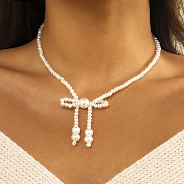 

elegant sweet bow choker necklace wedding bridal simple bowknot pearl clavicle chain collar for women lady jewelry, Silver