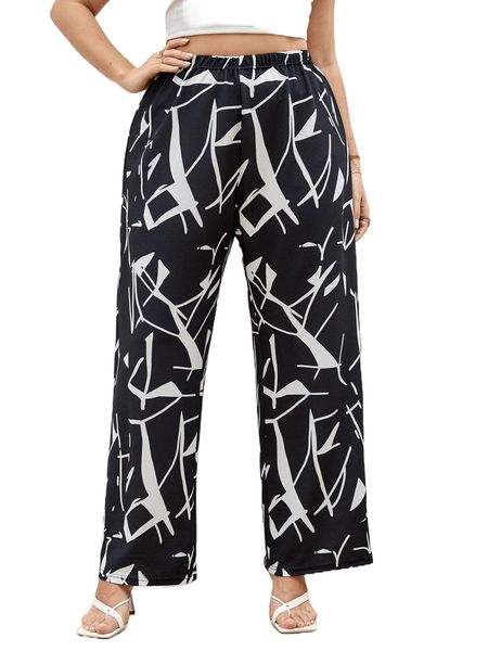 

plus allover print wide leg pants x7sr#, Black