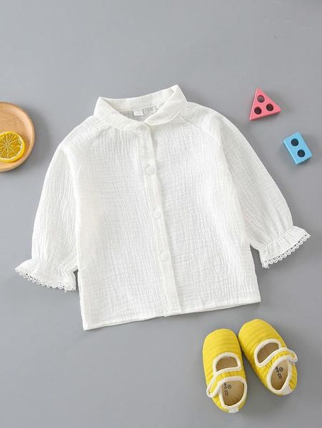 

baby flounce sleeve button up solid blouse she, Blue