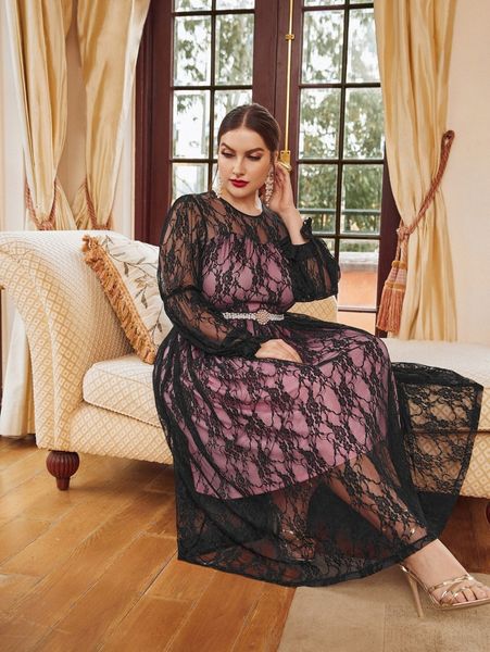

plus flounce sleeve lace dress without belt f4t1#, Black