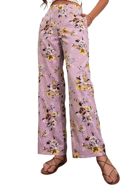 

floral print wide leg pants e94h#, Black;white