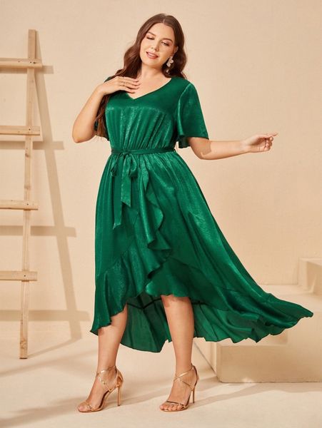 

plus solid wrap ruffle trim butterfly sleeve belted satin dress p5do#, Black