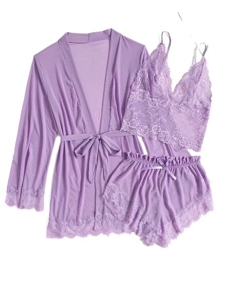 

4pack contrast lace mesh lingerie set with robe & belt o3ca#, Black;red