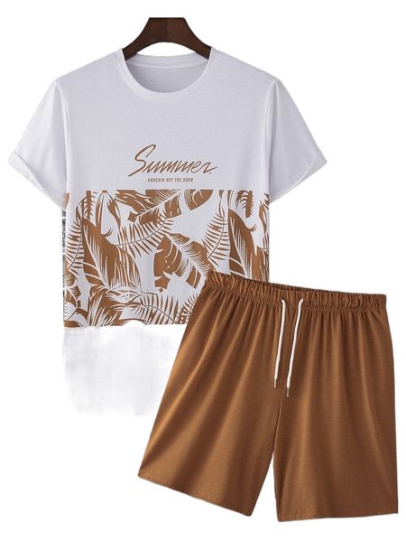 

men letter & tropical print tee & drawstring waist shorts o7x4#, Gray