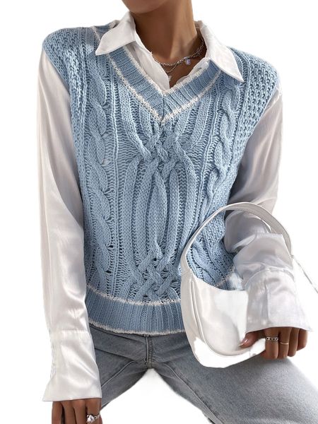 

cable knit contrast trim sweater vest without blouse m7gl#, White;black