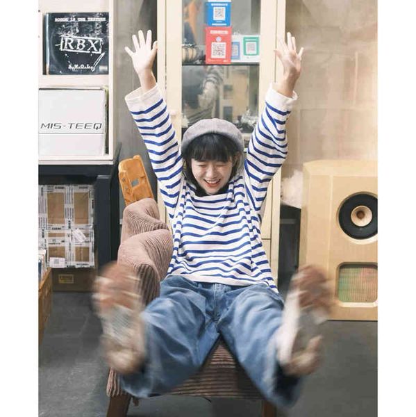 

women's t-shirt spring horizontal stripe contrast small herringbone collar loose and versatile long sleeve t inen men's women&#039, White