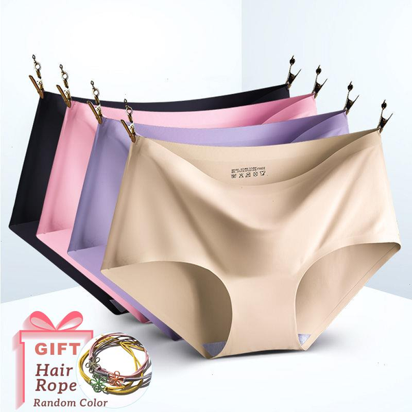 

big size 4xl women seamless panties silk mid waist underwear for female 3pcs large womens set underpant lingerie, Black;pink