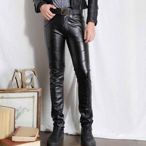 

men's pants autumn winter men's leather slim pencil pu trousers casual pantsmen's, Black