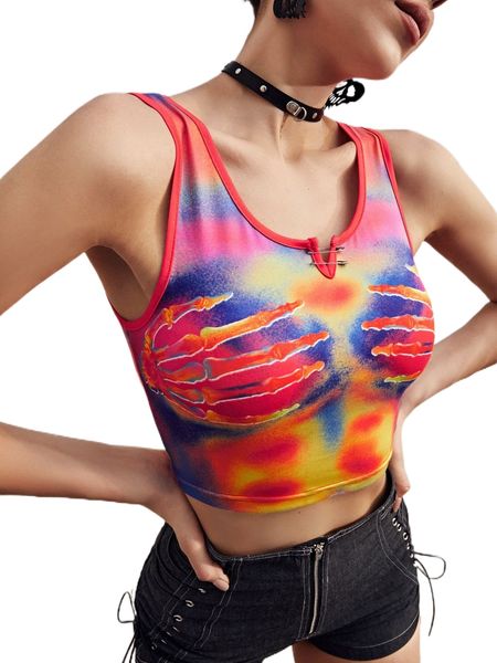 

skeleton finger print tie dye notched neck tank y0ui#, White