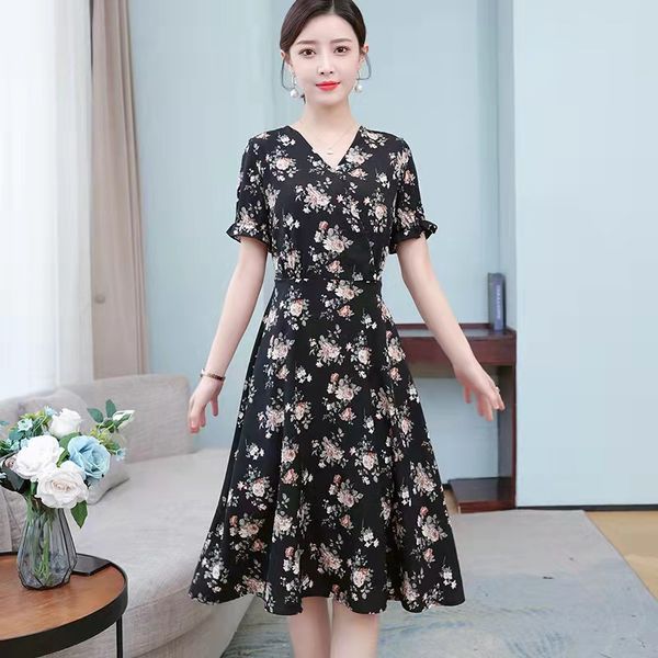 

medium length floral dress women's summer waist slim short sleeve v-neck chiffon long skirt, Black;gray