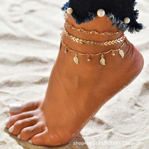 Cavigliere estive con conchiglie bohémien per le donne Spiaggia con foglie di zirconi Catene di perle a otto caratteri Cavigliere con bracciale Sole Luna Modello stella Accessori pendenti per gioielli