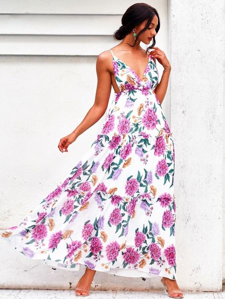 

love&lemonade floral print ruffle hem backless chiffon cami dress w8u5#, Black;gray