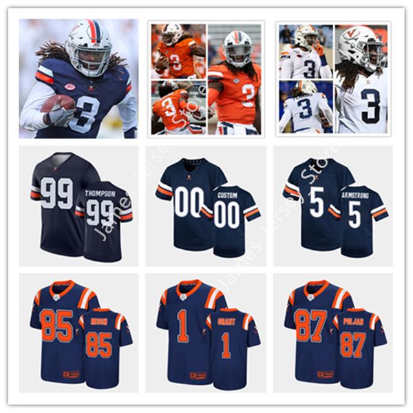 

2022 ncaa uva custom virginia cavaliers stitched football jersey 5 brennan armstrong 85 grant misch 67 derek devine 16 richard burney 99 key, Black