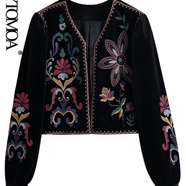 

kpytomoa women fashion contrast embroidery velvet crop open blazer coat vintage long sleeve female outerwear chic veste femme 220402, White;black