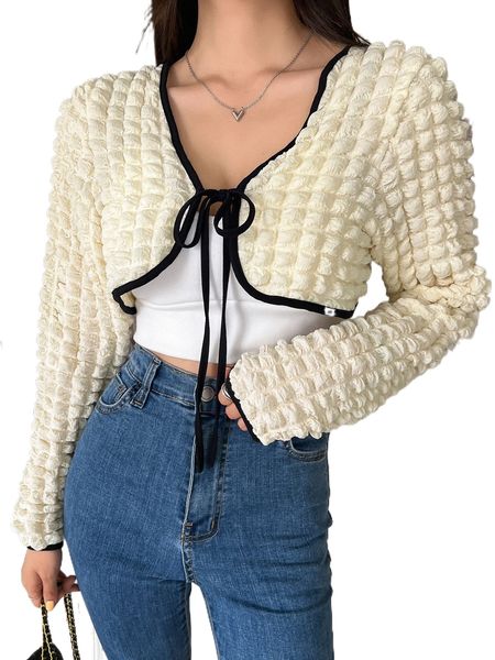 

dazy textured contrast binding tie front crop r1sp#, White