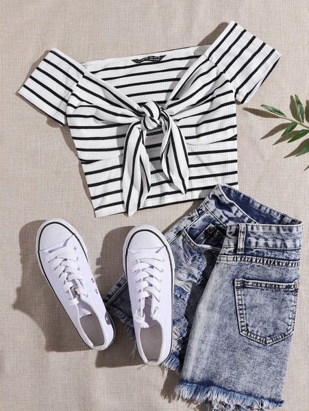 

knot front striped rib-knit tee 24up#, White