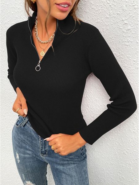 

half o-ring zipper ribbed knit sweater n86s#, White;black