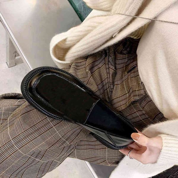 

dress shoes autumn round head thick sole increased british style leofaux women's metal buckle small leather shoes casual single, Black