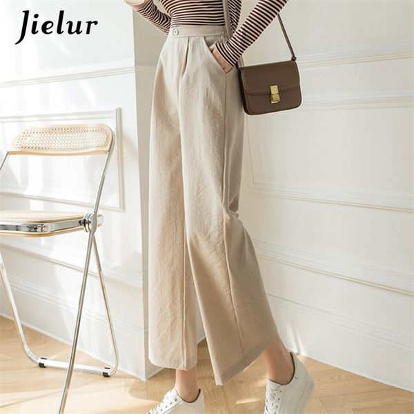 

jielur fashion wide leg pants women cotton linen high waist pants solid color pockets black khaki trousers s-xxl spring 220420, Black;white