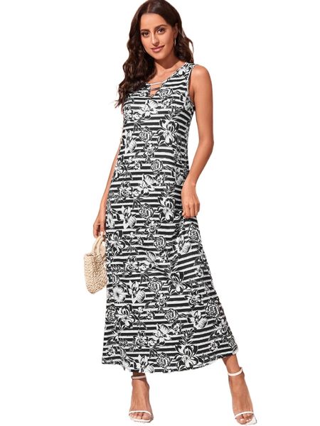 

emery rose striped & floral print keyhole neck tank dress 02ld#, Black;gray