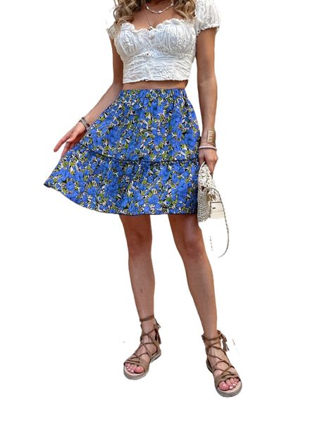 

allover floral print frill trim skirt 32wf#, Black