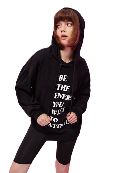 

x ana gimenez slogan graphic drop shoulder drawstring hoodie p6vb#, Black