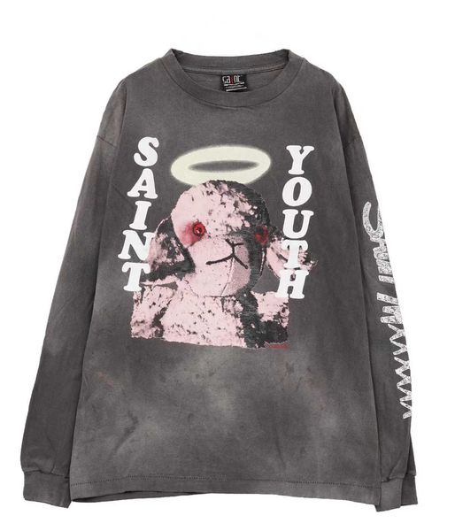 

men's hoodies saint michael ls pinksheep spring and autumn round neck pullover print wash used long sleeved sweater, Black