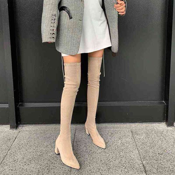 Sexy High Boots Women 2022 Зимняя новая мода на колене теплый ботас мухер замшевый кружев