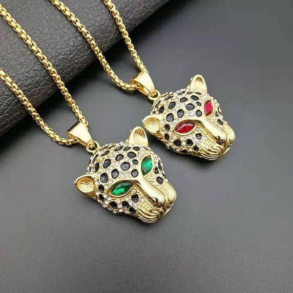 Edelstahl Biker Tier Leopard Kopf Punk Anhänger Halskette Schwarz Blau Rot Grün Augen Gothic Herren Gold Hip Hop Charm Anhänger Schmuck mit Kristallsteinen für Frauen