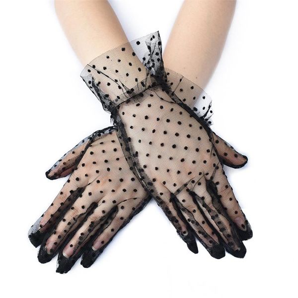 

1pair women mesh bow lace gloves vintage elegant wedding bride party prom dress gloves black mesh tulle clear mittens gifts, White