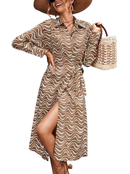 

wave striped print wrap knot dress 06x0#, Black;gray