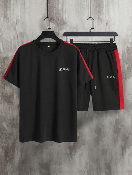 

men japanese letter graphic contrast side seam tee & shorts v3aq#, Gray