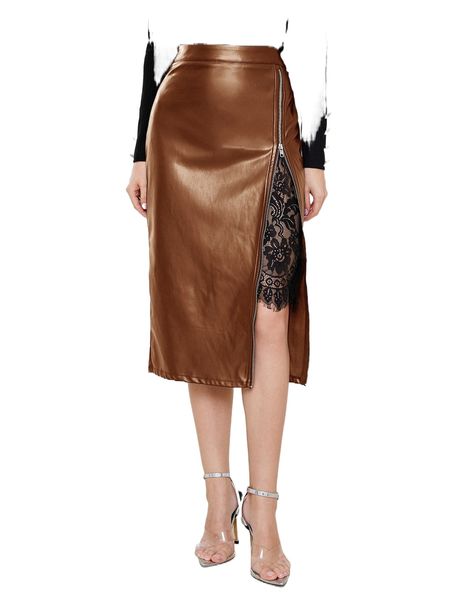 

eyelash lace panel zip up pu leather skirt n1sd#, Black