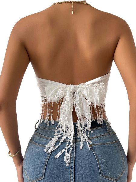 

jacquard guipure lace fringe hem tie back crop tube 94kz#, White