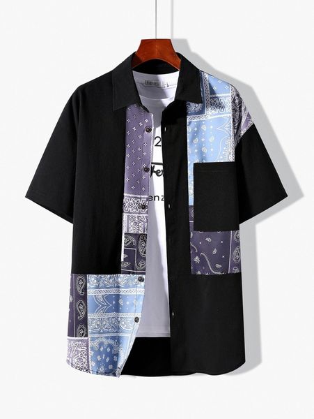 

men 1pc scarf print pocket patched shirt w9pm#, White;black