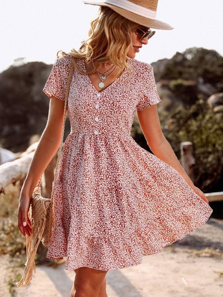 

plant print fake button ruffle hem dress q8zf#, Black;gray