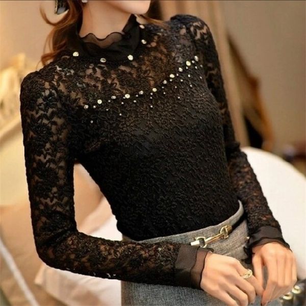 

women crochet blouse femininas ruffled neck lace sheer shirts vestidos blusas plus size 5xl 210308, White