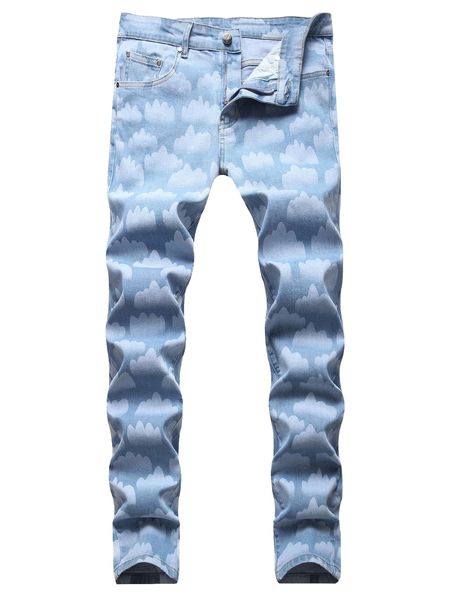 

men cloud print cat scratch straight leg jeans g7lx#, Blue