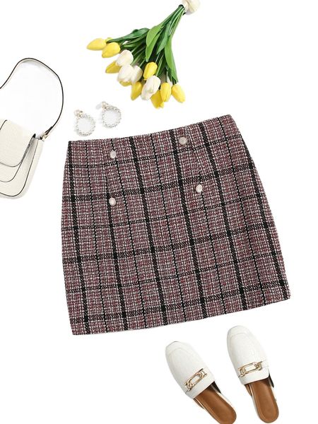 

plus button detail plaid tweed skirt u7tj#, Black