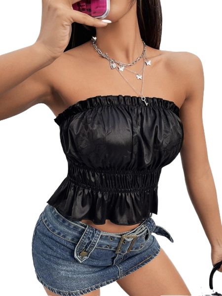 

satin frill trim ruffle hem tube e3bw#, White