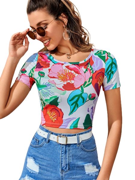 

floral print round neck crop tee 37os#, White