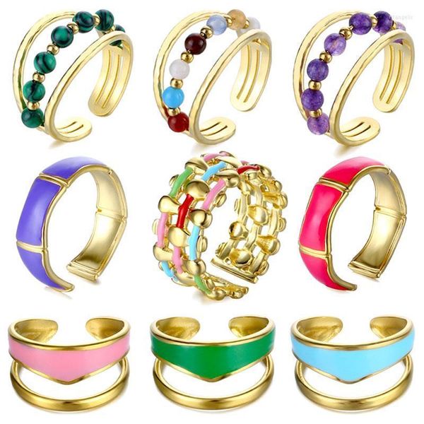 Anéis de casamento Moda anel de esmalte de pedra natural colorido Charming 18K Gold Aço inoxidável para mulheres gotejamento jóias rita22