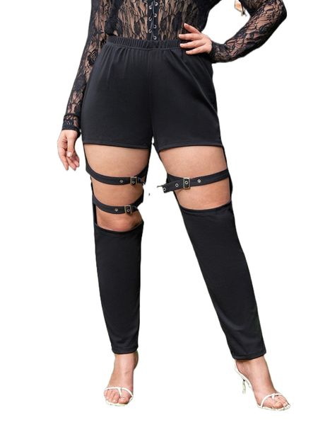 

plus high waist cut out eyelet buckled detail pants c8yz#, Black