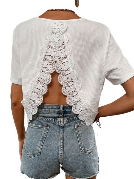 

contrast lace wrap split back tee 90fi#, White