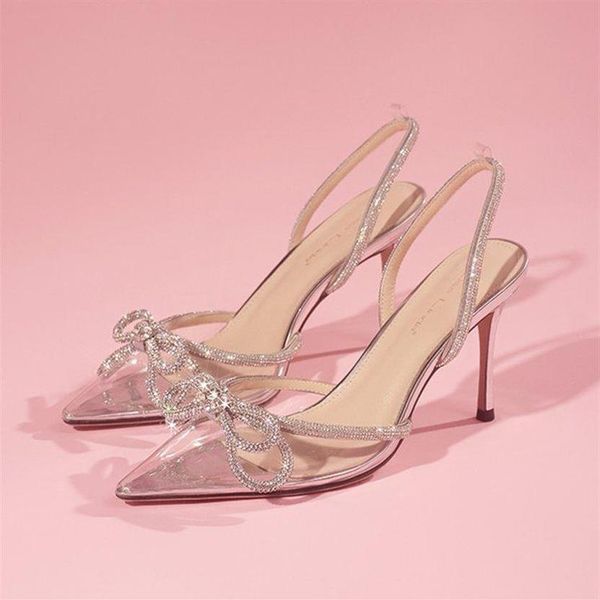

summer high heels one-word buckle rhinestone bow transparent fashion stiletto women's causal heel sandals dress shoes255g, Black