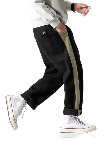 

men contrast side seam slant pocket pants n2zh#, Black