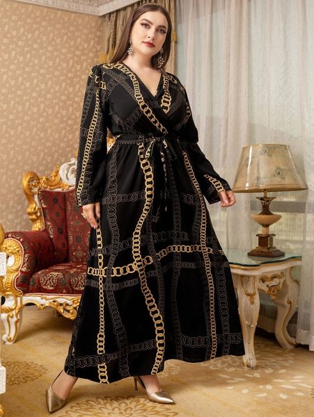 

plus chain print puff sleeve belted maxi dress d6k6#, Black