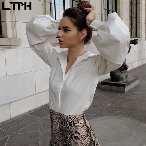 

autumn women blouses lantern sleeves lapel streetwear fashion casual wild loose slim button simple solid shirt y200422, White