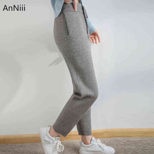 

nieuwe stijl mode vrouwen gebreide rechte broek volledige lengte zakken herfst winter vrouwelijke kantoor dame warm show hoge joggingbroek 2, Black;white